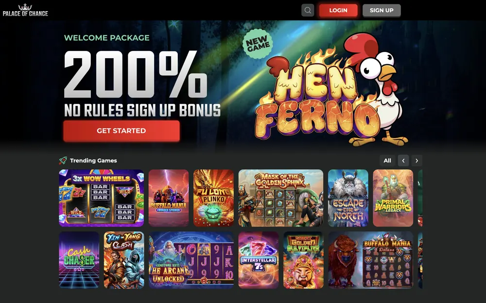 Startseite von Palace of Chance mit dem 200-Prozent-Willkommensbanner und dem Block der aktuellen Spiele