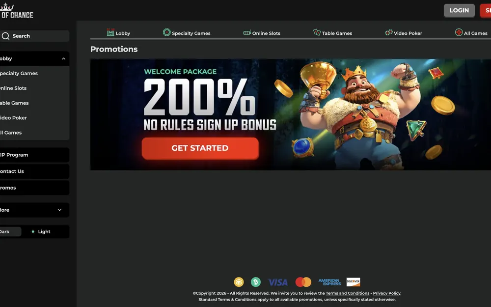 Aktionsseite von Palace of Chance mit dem Banner des 200-Prozent-Willkommenspakets